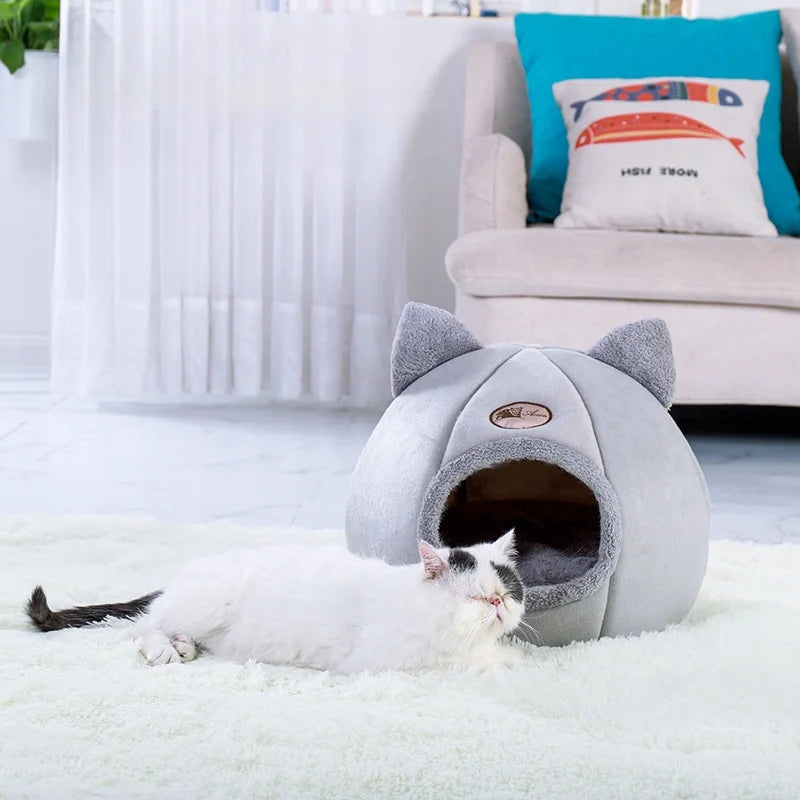 Winter Warm Cat Cave Bed with Removable Cushion