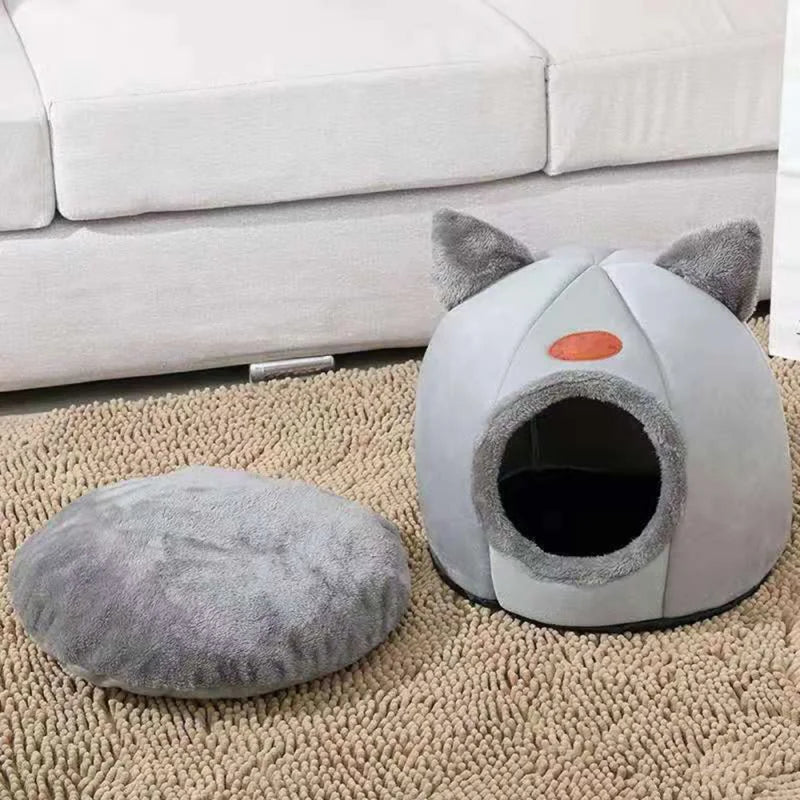 Winter Warm Cat Cave Bed with Removable Cushion