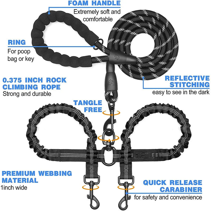 Double Dog Leash – Adjustable Bungee Lead for Walking Two Dogs Simultaneously