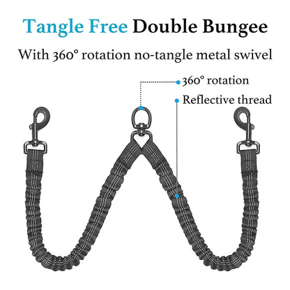 Double Dog Leash – Adjustable Bungee Lead for Walking Two Dogs Simultaneously