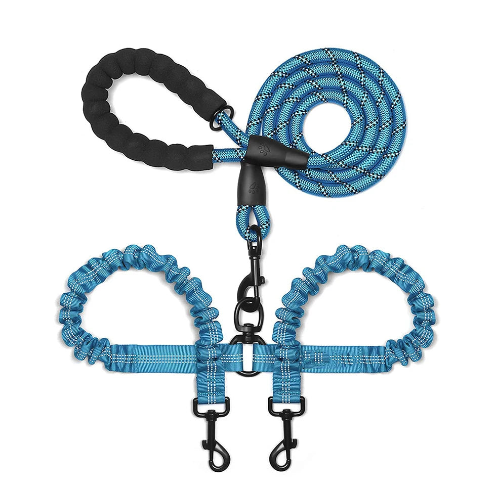 Double Dog Leash – Adjustable Bungee Lead for Walking Two Dogs Simultaneously