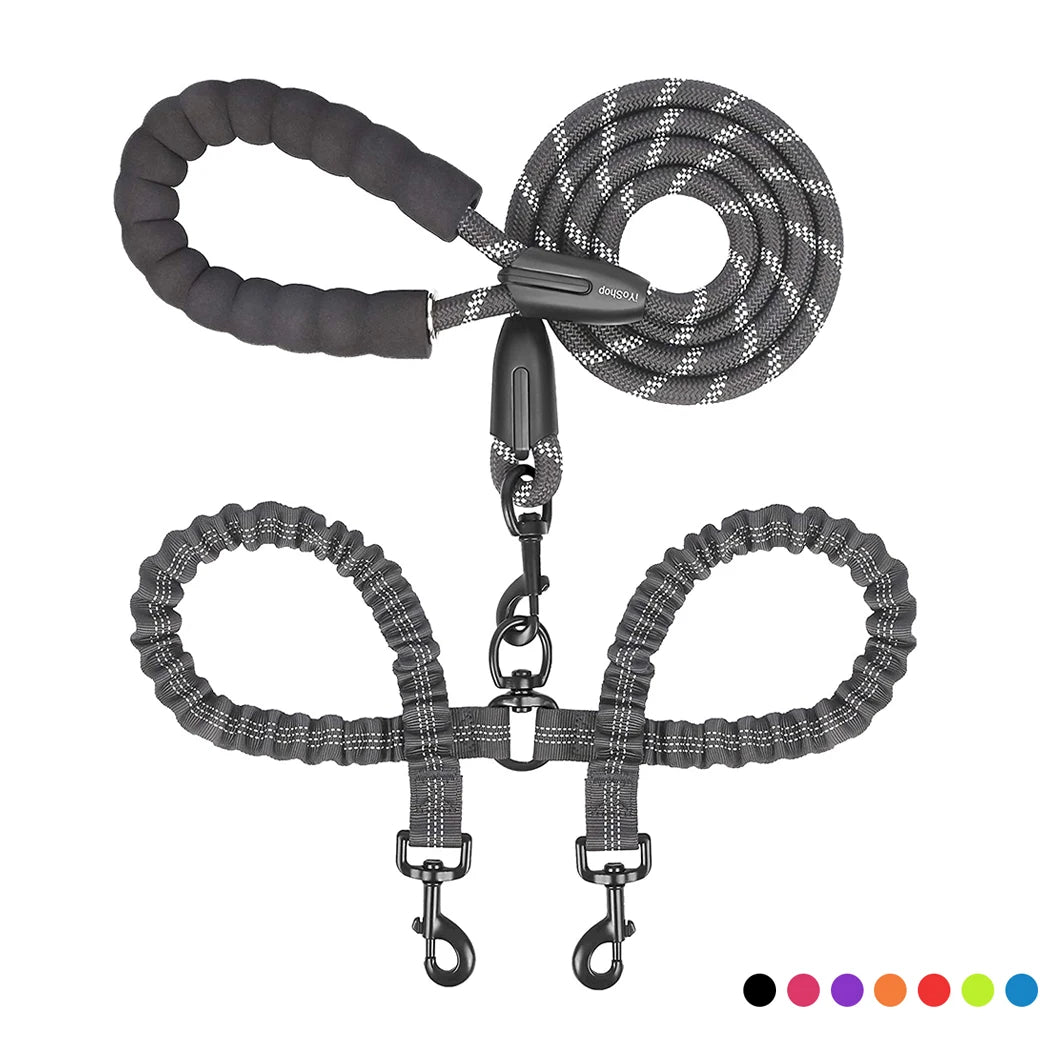 Double Dog Leash – Adjustable Bungee Lead for Walking Two Dogs Simultaneously