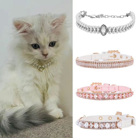 Luxury Pearl Necklace for Cats, Puppies, Rhinestone Collar for Cats, Small Dogs