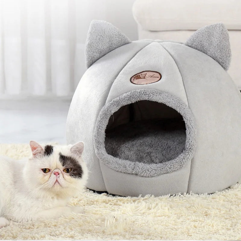 Winter Warm Cat Cave Bed with Removable Cushion