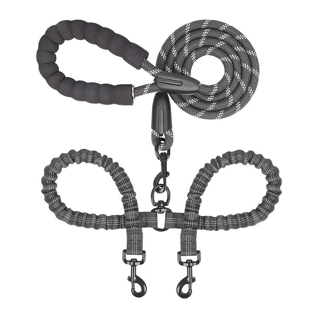 Double Dog Leash – Adjustable Bungee Lead for Walking Two Dogs Simultaneously